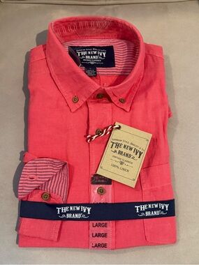 The New Ivy Brand Men's Coral Pink Linen Button-Down Shirt - Large Watermelon